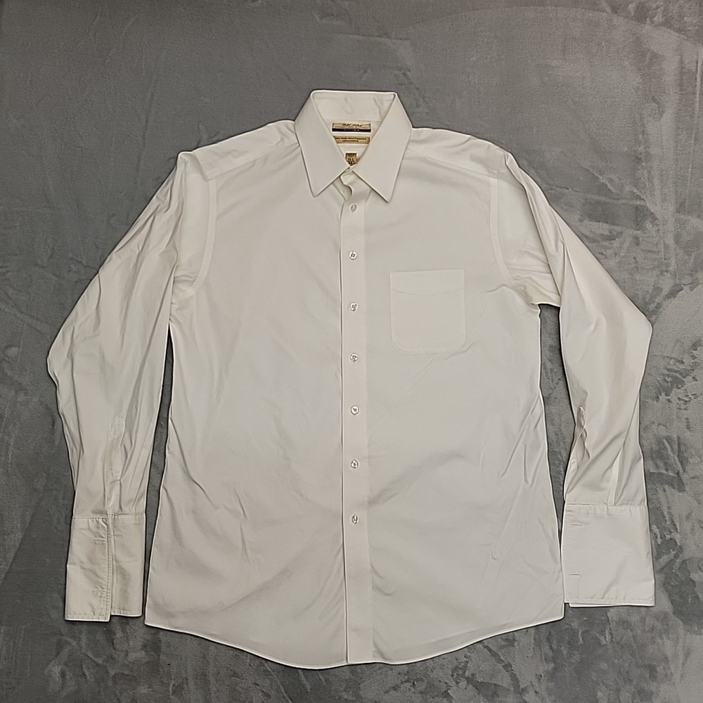 Gold Label Fitted Dress Shirt Mens 16.5 35 White 80s Non-Iron Pinpoint Cotton